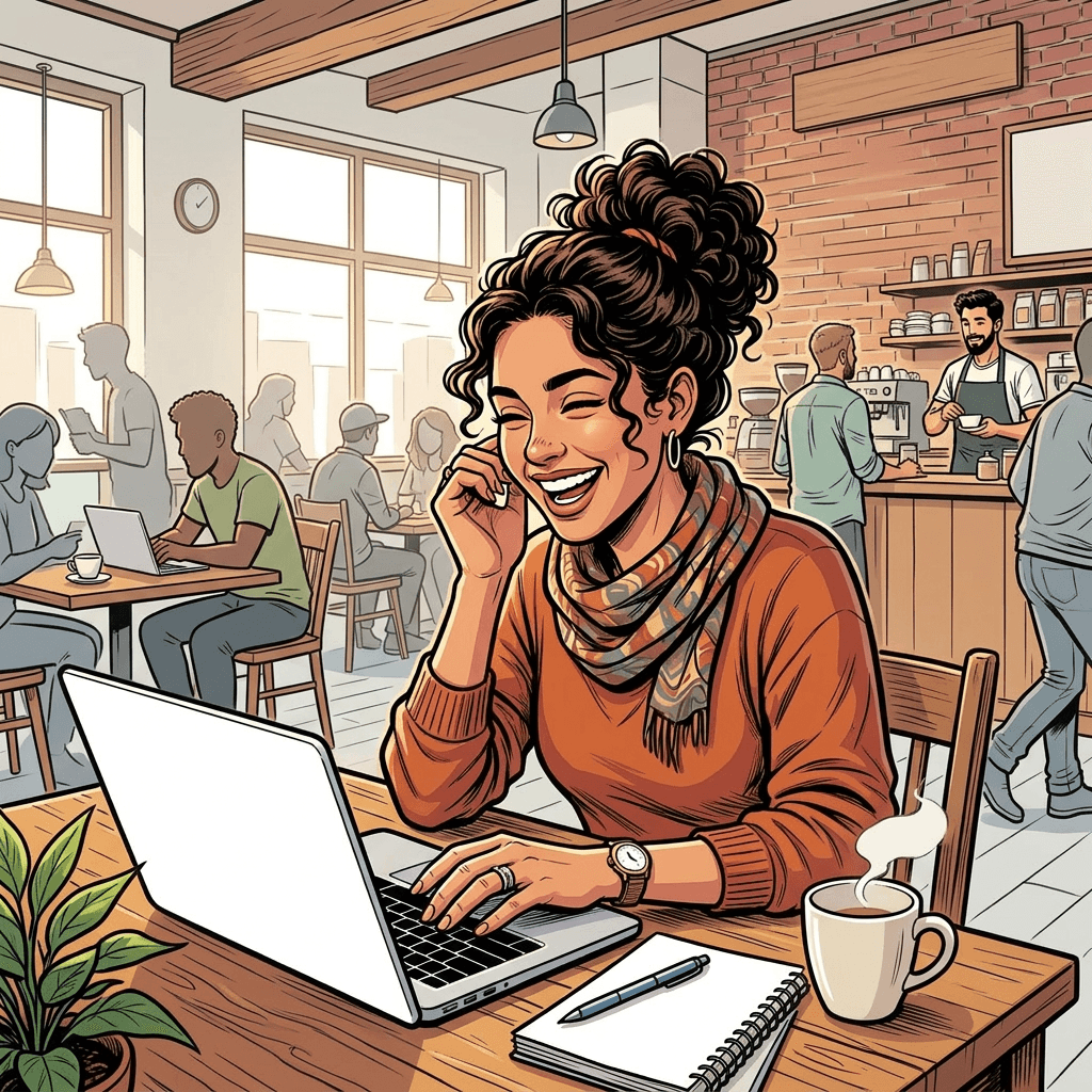 Woman smiling and talking on phone at laptop showing project success